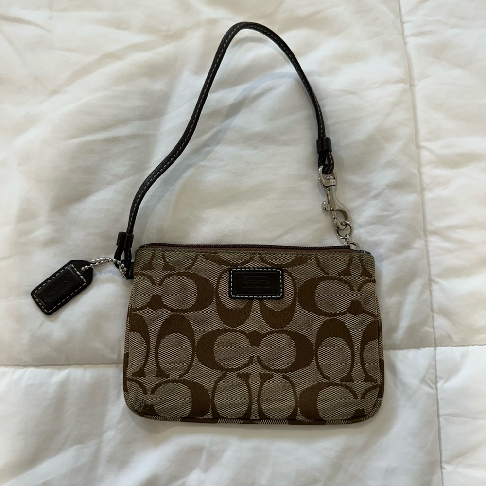 Coach Signature Jacquard Wristlet Brown Khaki/Tan Leather Strap Womens Canvas